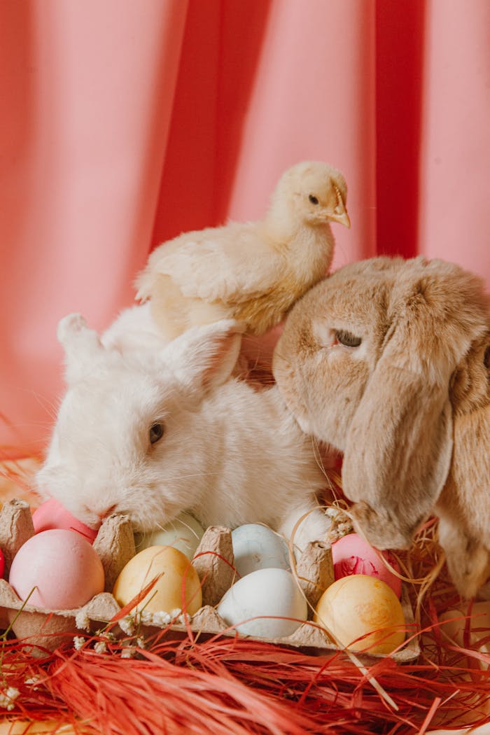 Adorable bunnies and a chick with colorful Easter eggs in a festive setup.